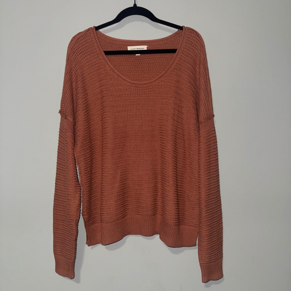 Lucky‎ Brand Womens Terracotta Rust Textured Honeycomb Knit Scoop Neck Sweater L